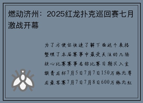 燃动济州：2025红龙扑克巡回赛七月激战开幕